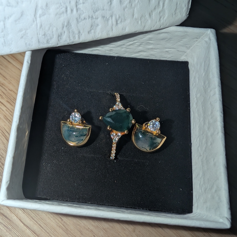 Moss Agate Ring And Earring Set Sterling Silver